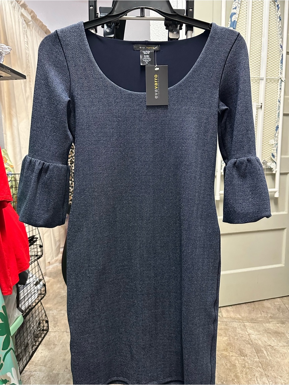 eva varro Navy Scoop Neck Bell Sleeve Sheath Dress